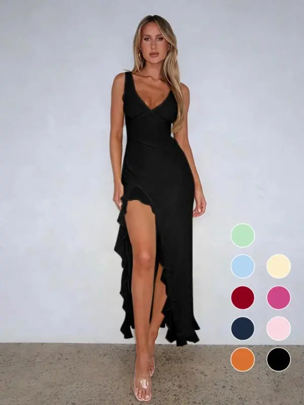 Women's Sleeveless Tank Dress-Solid Color, Thigh Slit, Summer Party Wear