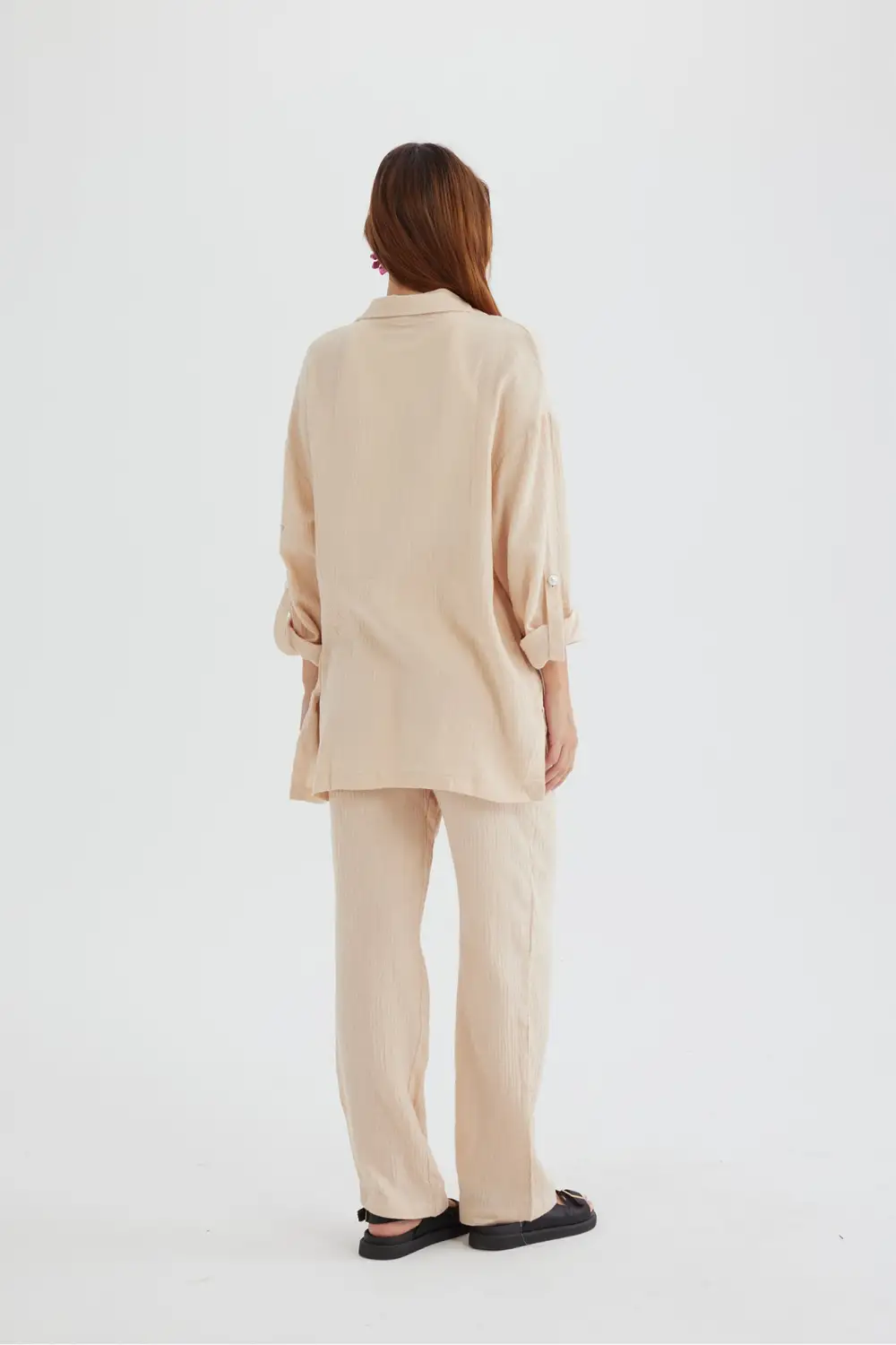 Long Sleeve Pocketed Slit Shirt Long Pants Suits