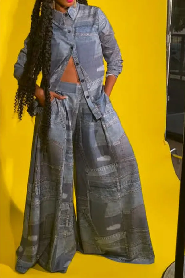Imitation Denim Print Wide-Leg Pant Set