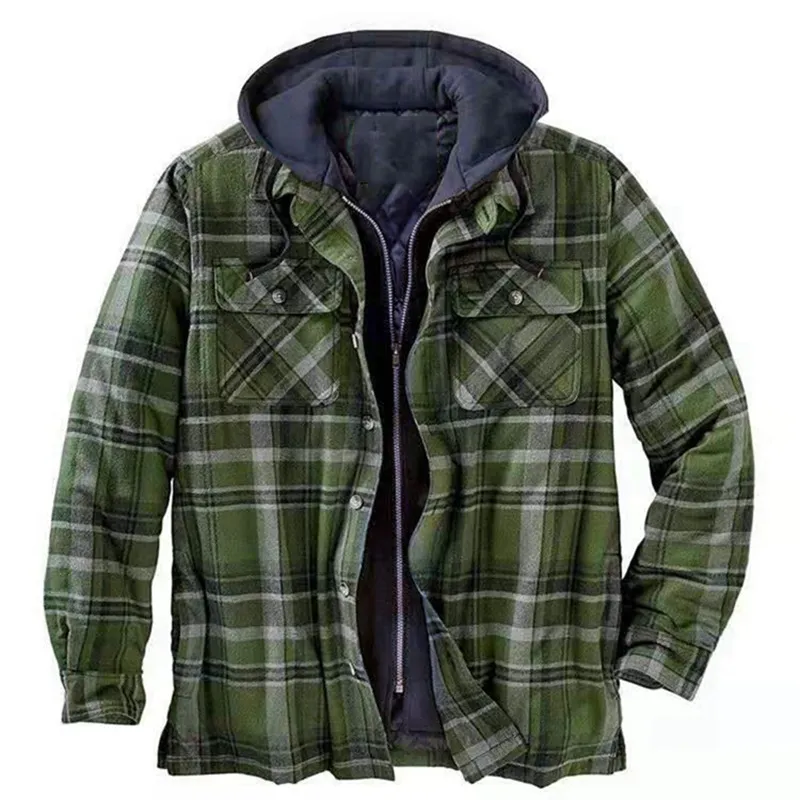 Mens Winter Plaid Thick Casual Hoodie Jacket