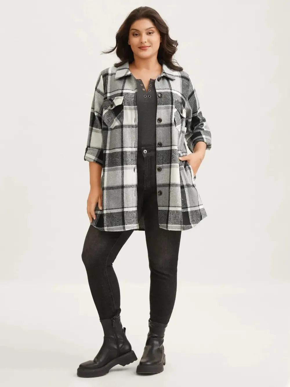 Plaid Chest Pockets Long Jacket