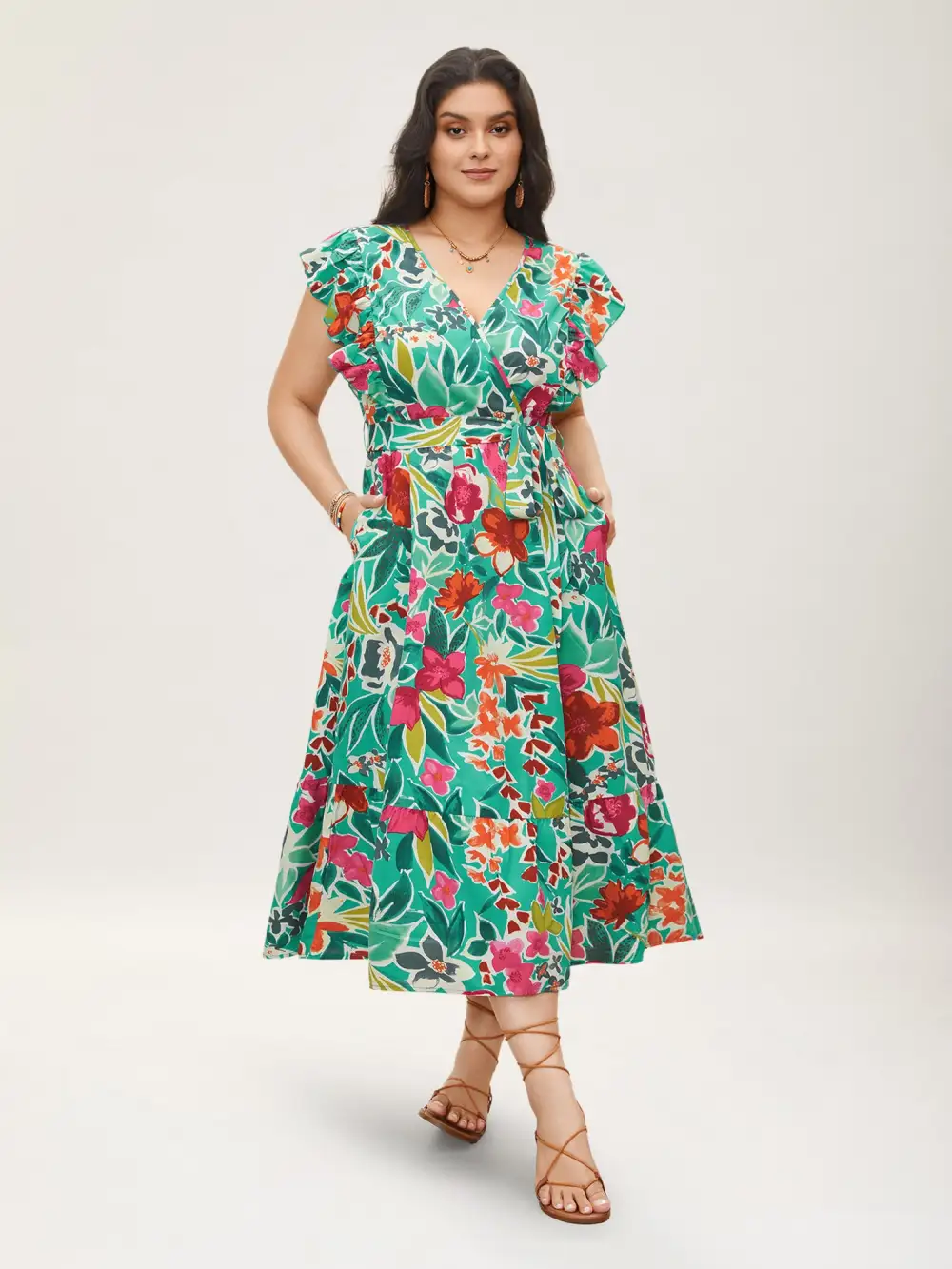Floral Wrap Patchwork Ruffle Cap Sleeve Dress