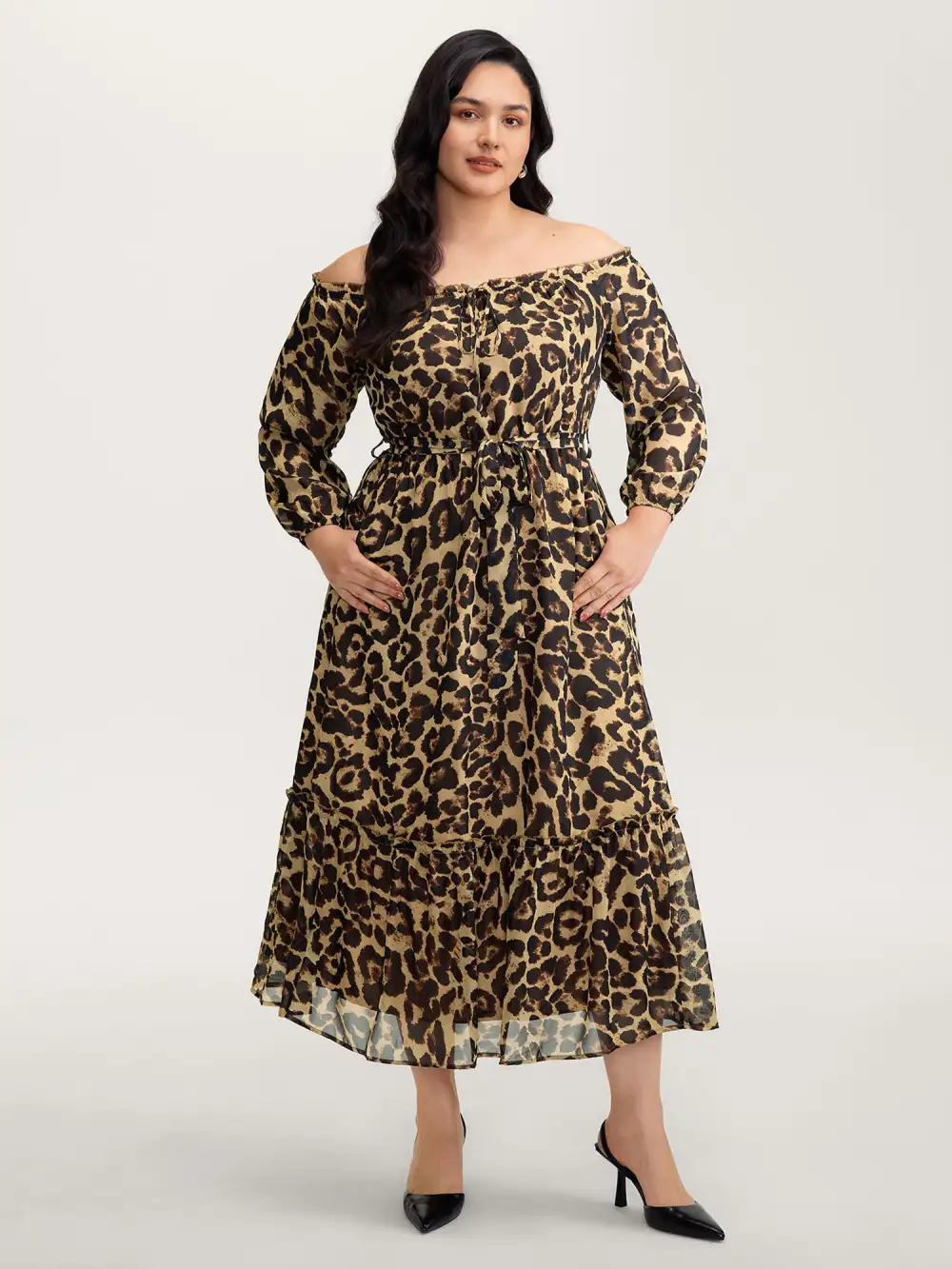 Off-Shoulder Leopard Print Sheer Maxi Dress