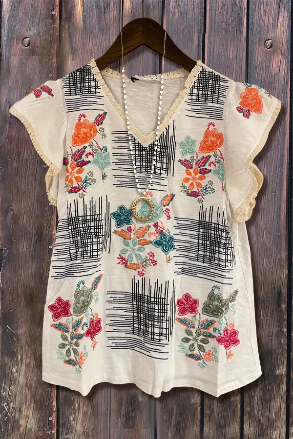 Floral Print Fringe Flutter Sleeve Top