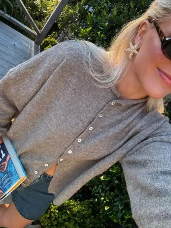 Women’s Vintage Knit Cardigan – Rolled Hem Solid Color Sweater Jacket for Autumn & Winter