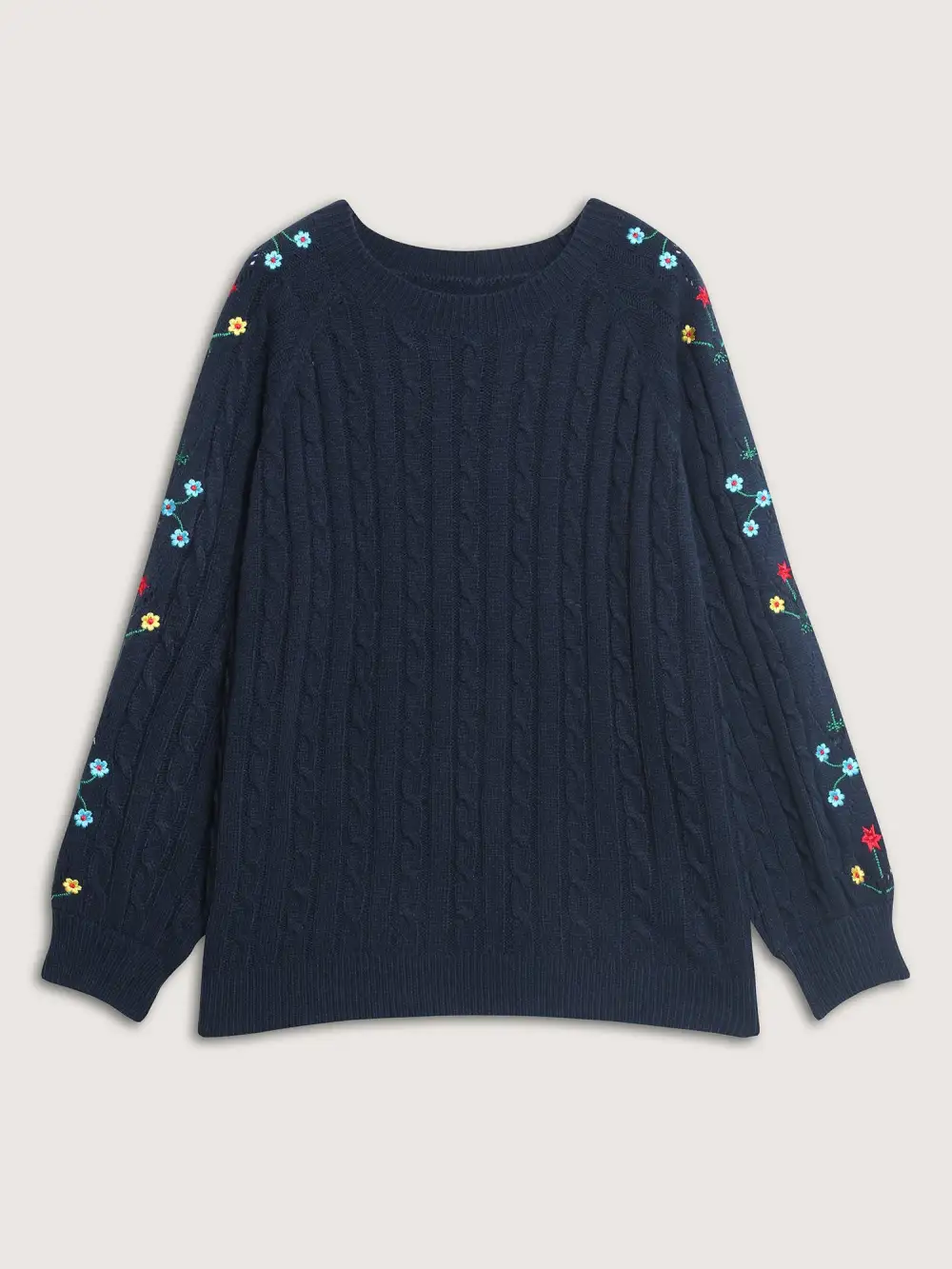 Cable Knit Embroidered Raglan Sleeve Pullover
