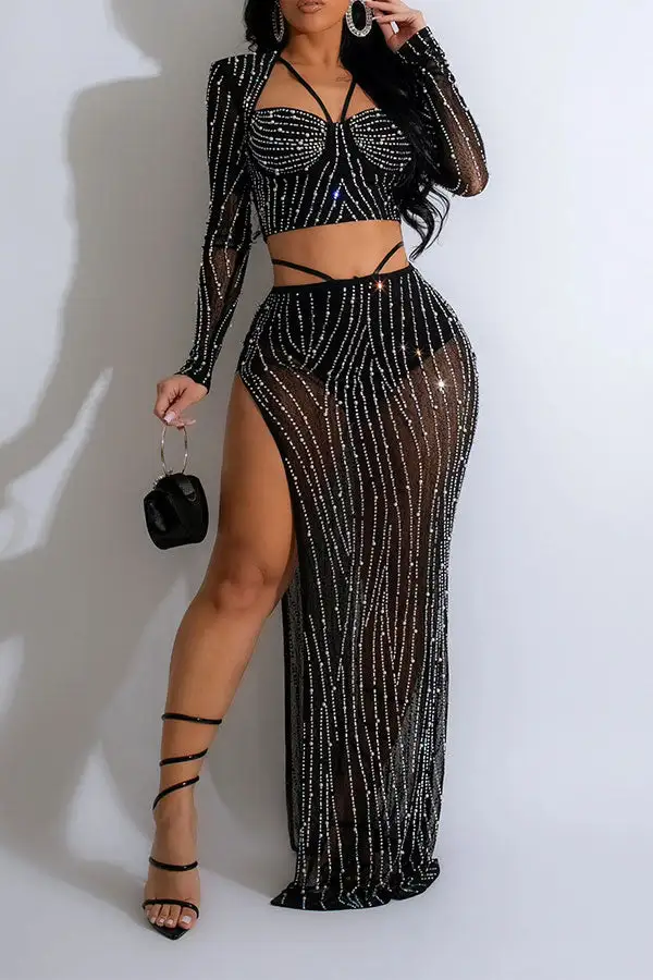 Rhinestone & Beaded High-Slit Dress Set