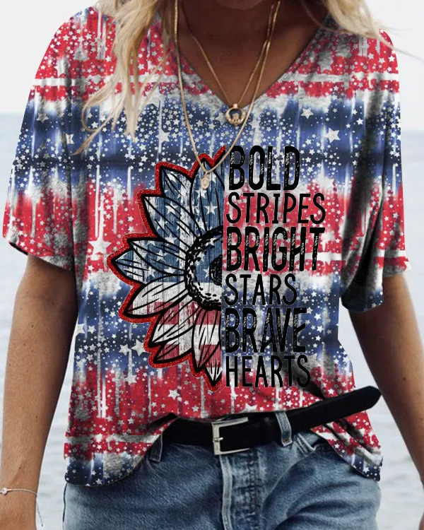 Bold Stripes Bright Stars Brave Hearts American Flag Print V-neck T-shirt