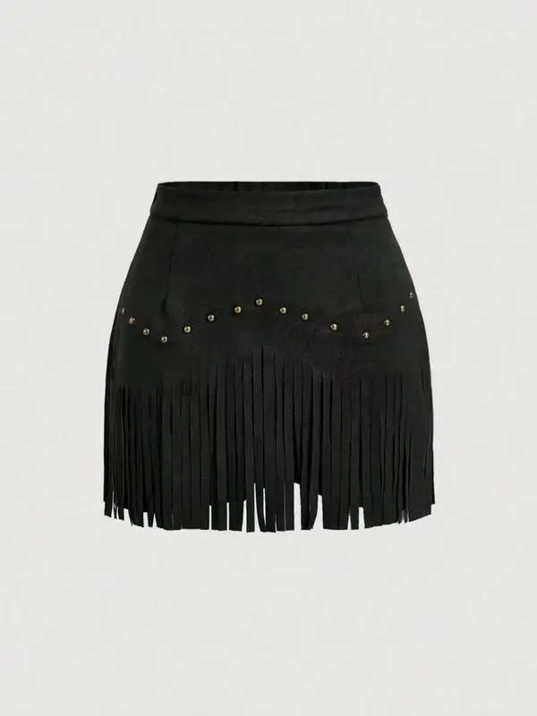 Women's Fringe Trim Skirt – Elegant Solid Color Zipper Bottom