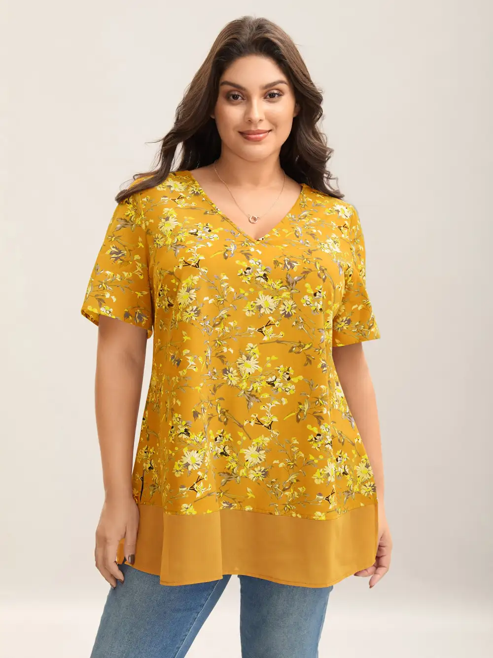 Garden Print Spliced V-Neck Blouse