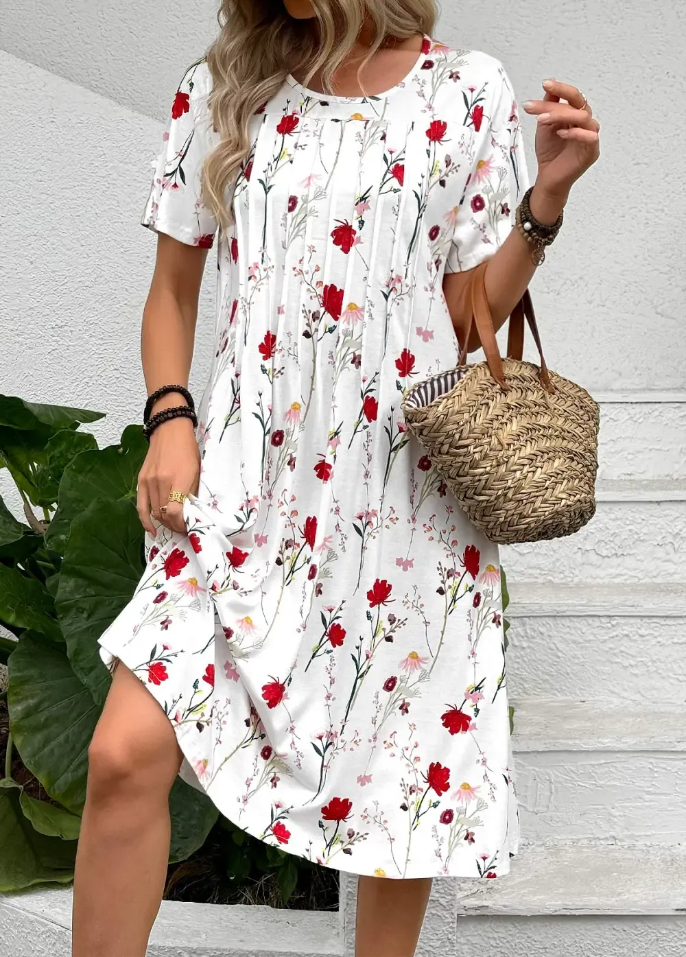 White Tuck Stitch Floral Print A Line Dress