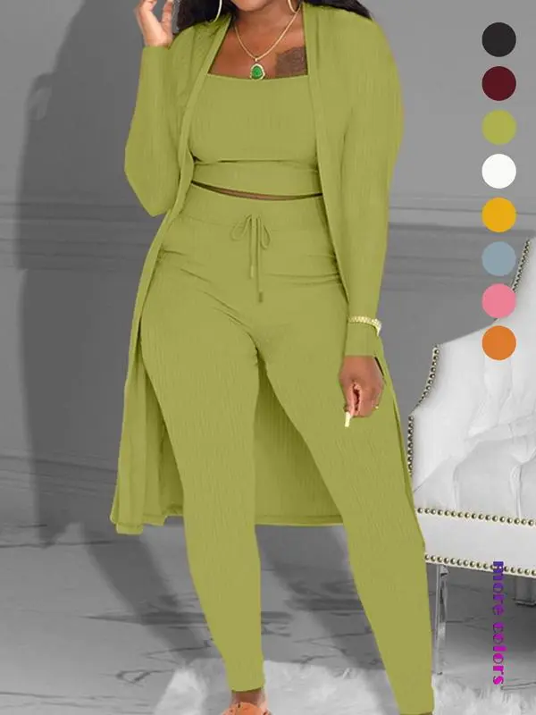 Women’s 3-Piece Fall Outfit – Open Front Cardigan, Tie Front Leggings & Cropped Top Set