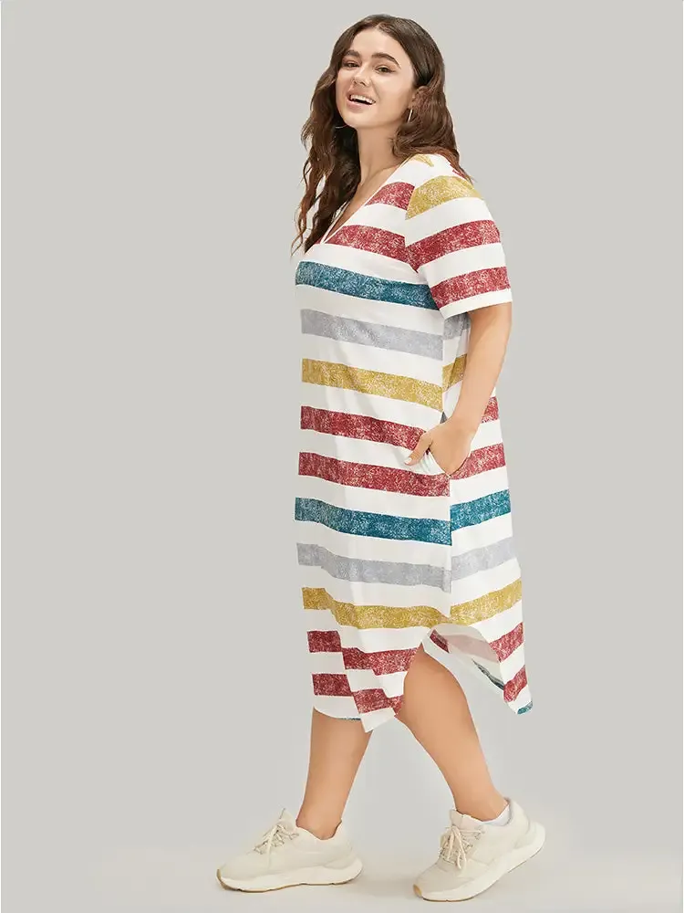 Striped Contrast Arc Hem V Neck Pocket Dress