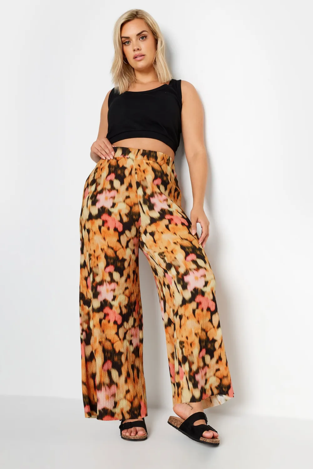 YOURS Curve Dark Grey Abstract Print Textured Wide Leg Trousers