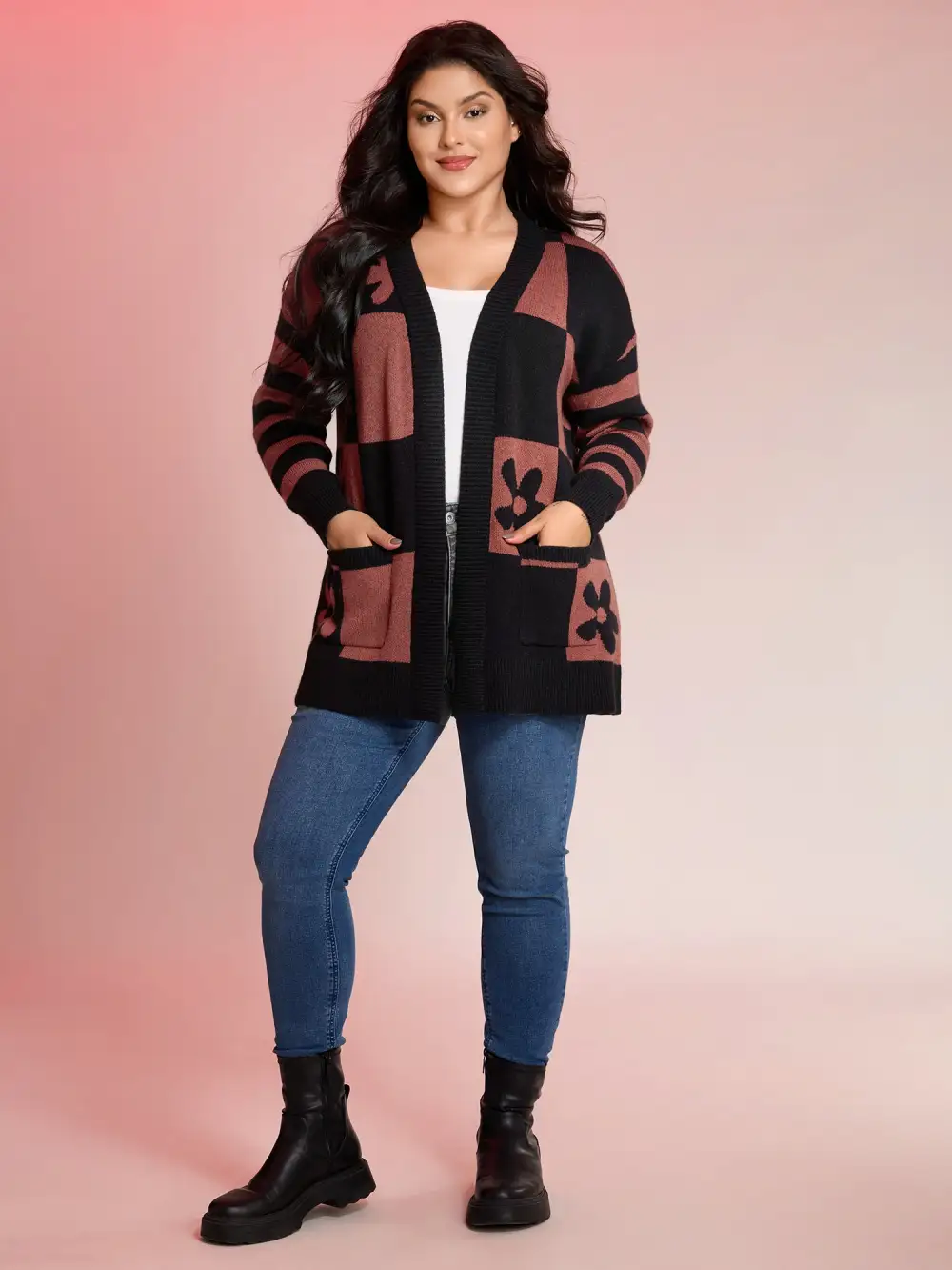 Supersoft Checkered Floral Superstretchy Knit Cardigan