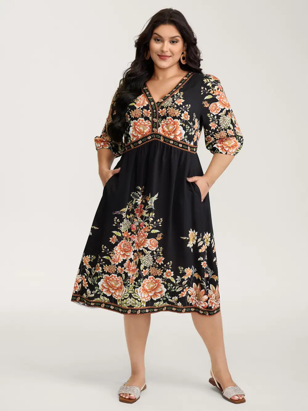 Rayon Floral Print Contrast V-Neck Midi Dress