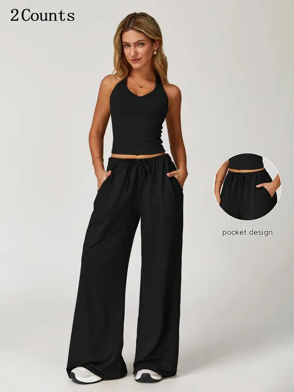 Women's Solid Crop Tank Top & Wide Leg Pants Set, Casual V Neck Sleeveless Top & Trousers