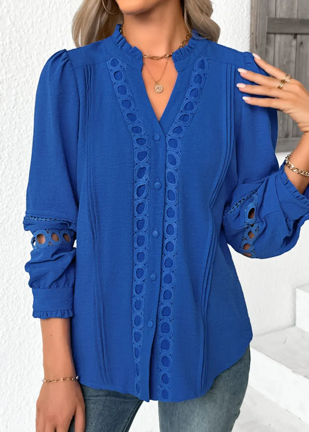 Royal Blue Tummy Coverage Long Sleeve Stand Collar Shirt
