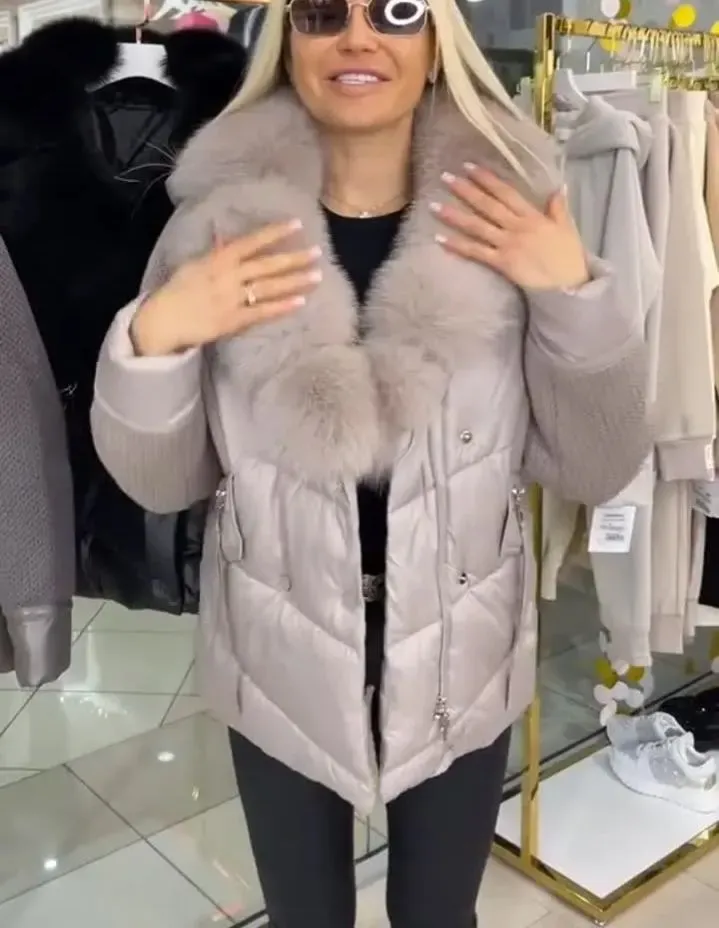 Down Jacket with Fur - trimmed Hood and Knitted Sleeves