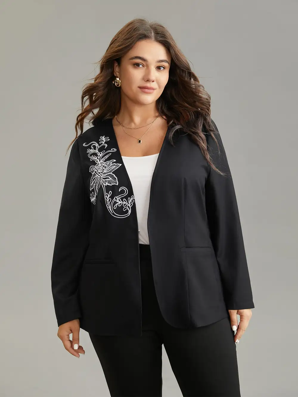 Floral Embroidered Hook Buckle Pocket Blazer