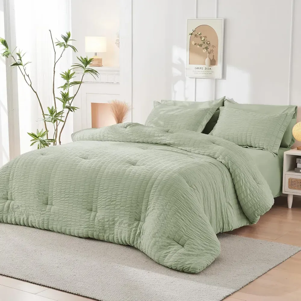 Queen Comforter Set Seersucker 7 Pieces, All Season Luxury Bed in a Bag for Bedroom, Bedding Set with Comforters, Sheets, Pillowcases & Shams, Dark Grey
