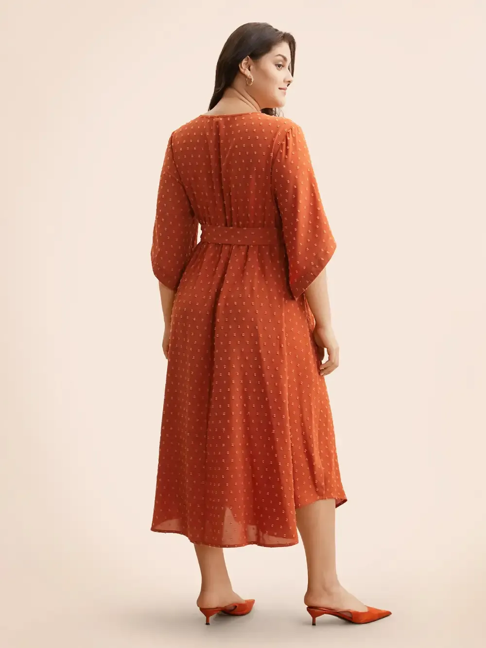 Textured Bell Sleeve Belted Arc Hem Dress