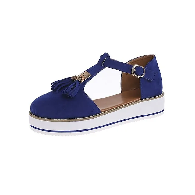 Women's Sandals Platform Sandals Plus Size Outdoor Daily Walking Summer Tassel Platform Flat Heel Round Toe Closed Toe Vintage Casual Faux Leather Synthetics Buckle Solid Color Solid Colored Black
