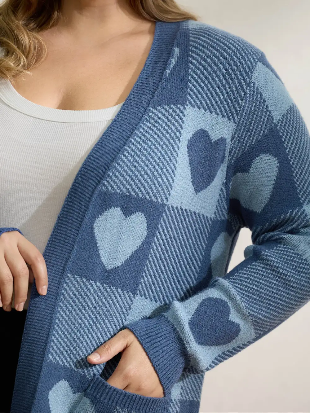 Checkered Hearts Jacquard Pockets Knit Cardigan