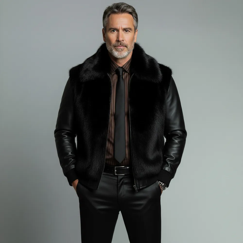 Men's Black Artificial Fur Lapel Patchwork PU Long Sleeve Zipper Jacket