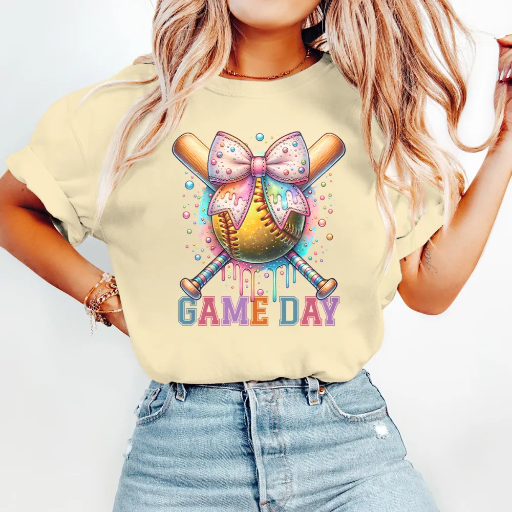 Baseball Game Day Printed Round Neck Short Sleeve T-Shirt