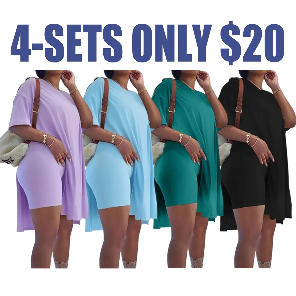 Women Plus Size 2 - Piece Outfits: Crewneck Short Sleeve Tunic & Skinny Biker Shorts Sets