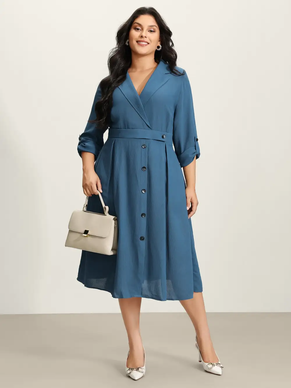 Button Detail Waist-Defining Midi Dress