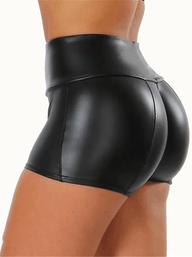 Women's Shorts PU Faux Leather claret Dark Green color Mid Waist Fashion Tights Casual Weekend High Elasticity Short Comfort Solid Color S M L XL 2XL / Slim