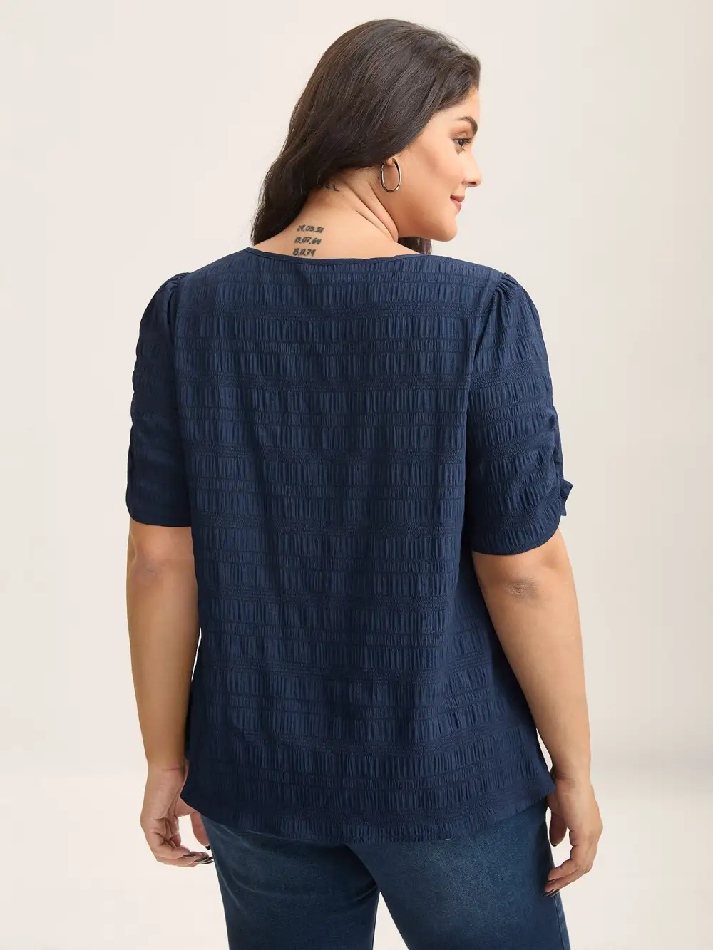 Textured Gathered Sleeve Split Neck Blouse