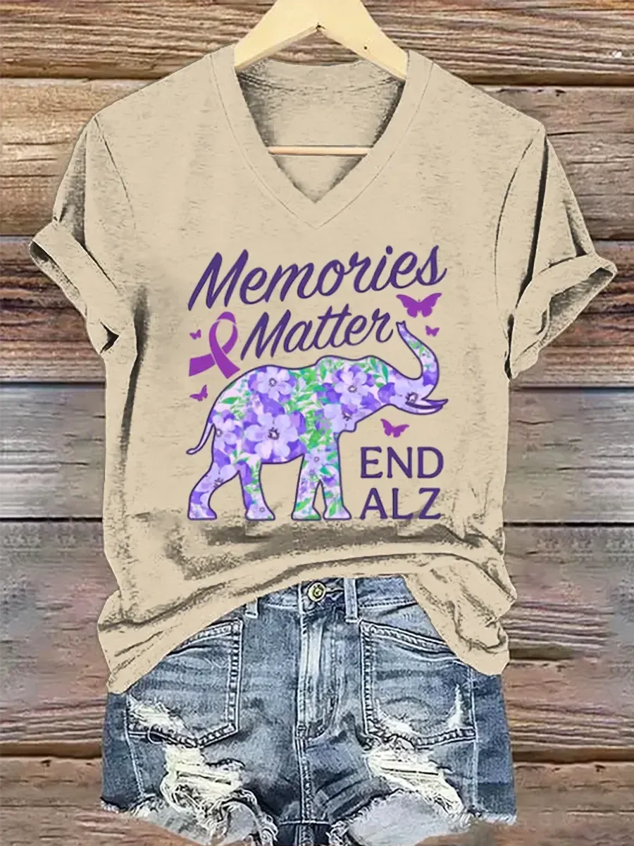Women's Purple Alzheimer Awareness Art V-neck Casual T-Shirt