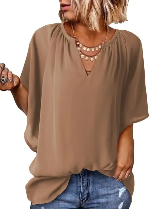 ✨ New Women's V Neck 3/4 Batwing Sleeve Blouse Pleated Flowy Tunic Tops