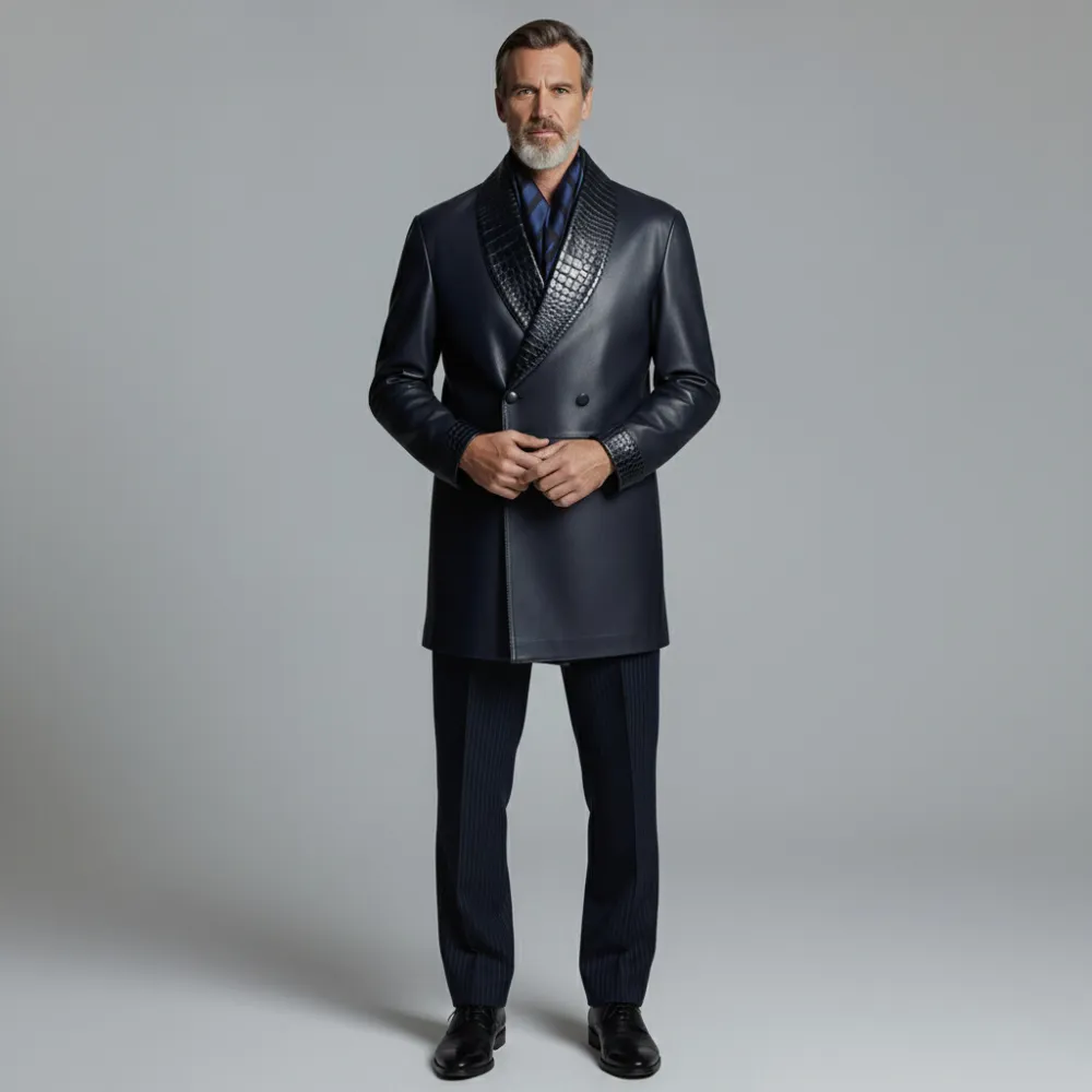 Men's Navy Blue PU Leather Crocodile Shawl Lapel Double Breasted Long Sleeve Overcoat