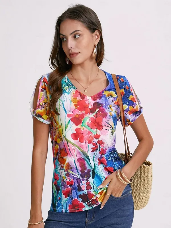 Women's T shirt Tee Floral Button Cut Out Print Holiday Weekend Basic Neon & Bright Short Sleeve V Neck Red