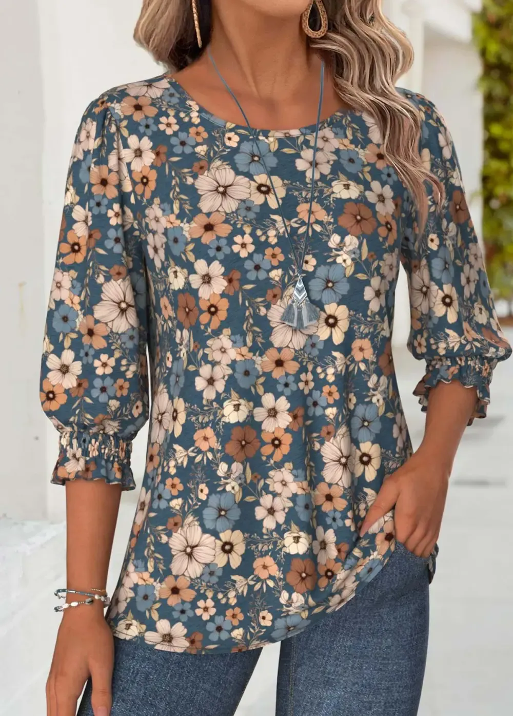 Multi Color Floral Print 3/4 Sleeve Round Neck Blouse