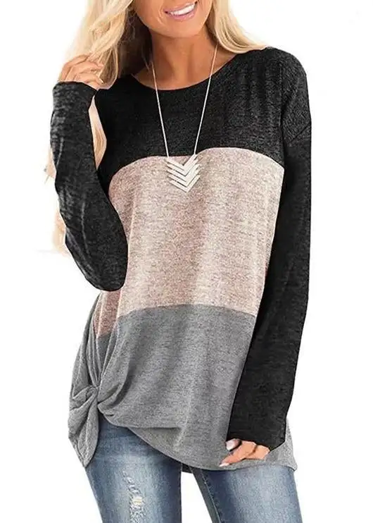 Round Collar Splice Color Block Knot-front Long Sleeve T-shirt