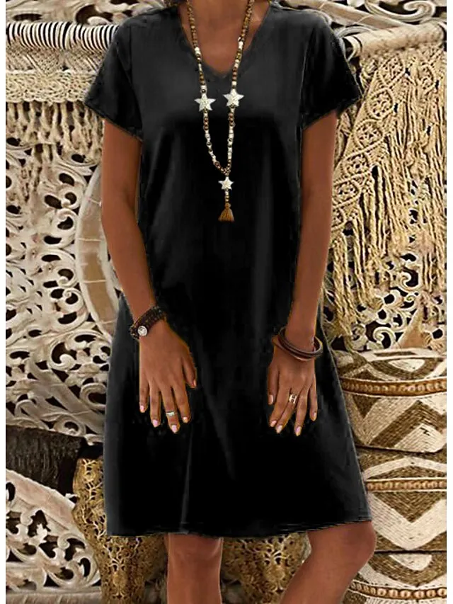 Women's Casual Dress Casual Dress Shift Dress Pure Color Pocket V Neck Midi Dress Basic Daily Vacation Short Sleeve Loose Fit Black Yellow Light Green Summer Spring S M L XL XXL