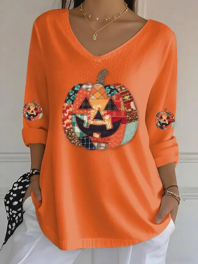 Women's Casual Autumn Pumpkin Bubble Ruffle Long Sleeve Top