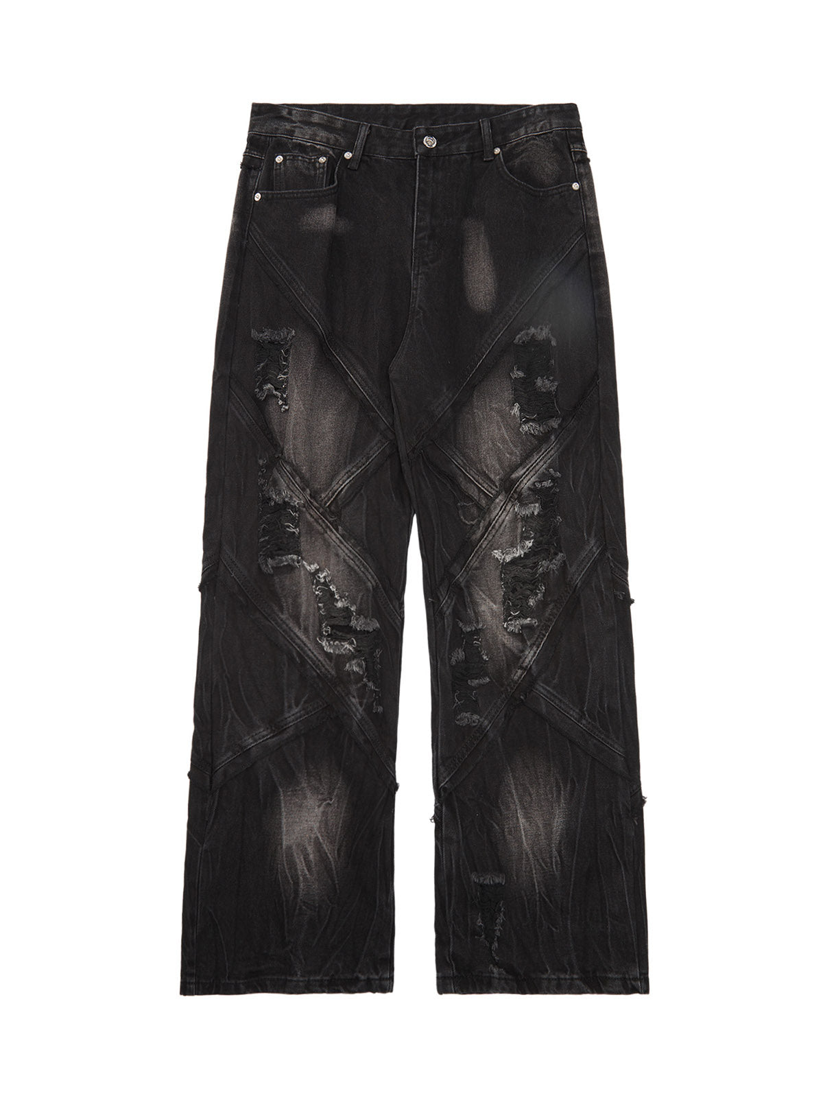 Heavy Washed Ripped Plaid Stitching Hip-Hop Jeans - 2174