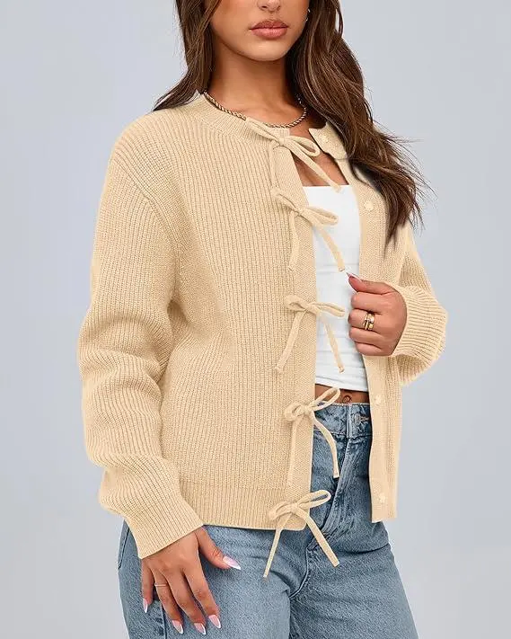 Cardigan Sweaters for Women Trendy 2025 Fall Open Front Long Sleeve Button Down Bow Knot Cropped Lady Jacket