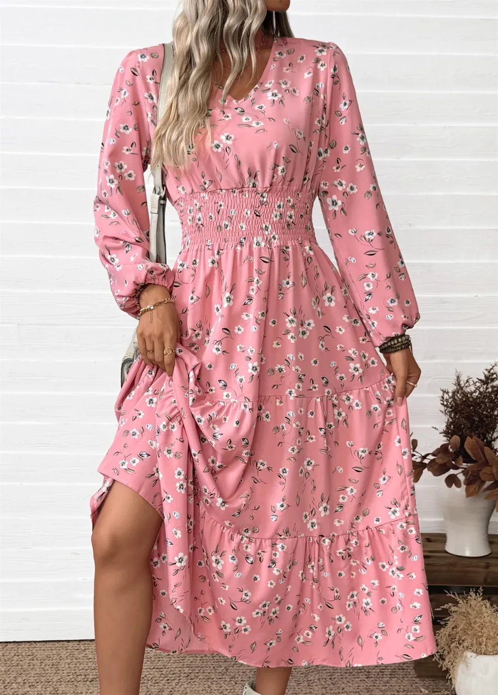 Pink Tummy Coverage Ditsy Floral Print Long Sleeve Dress