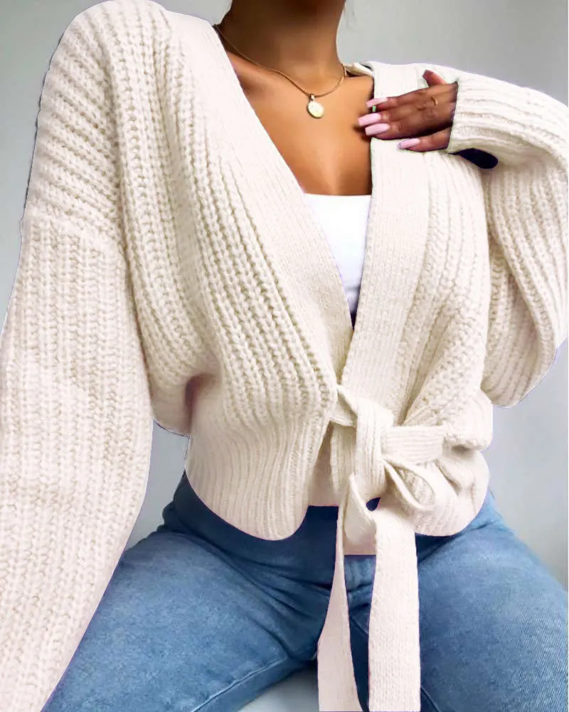 V-Neck Bandage Cardigan Sweater Solid Color Hollow Ladies Sweater