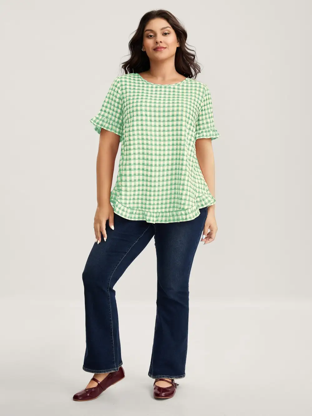 Gingham Print Button Back Blouse