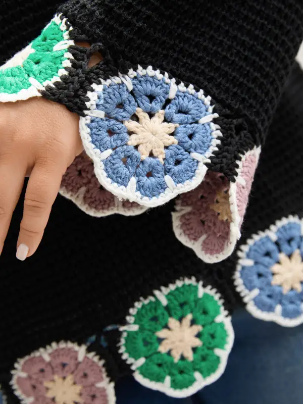 Crochet Floral Hem V-Neck Pullover