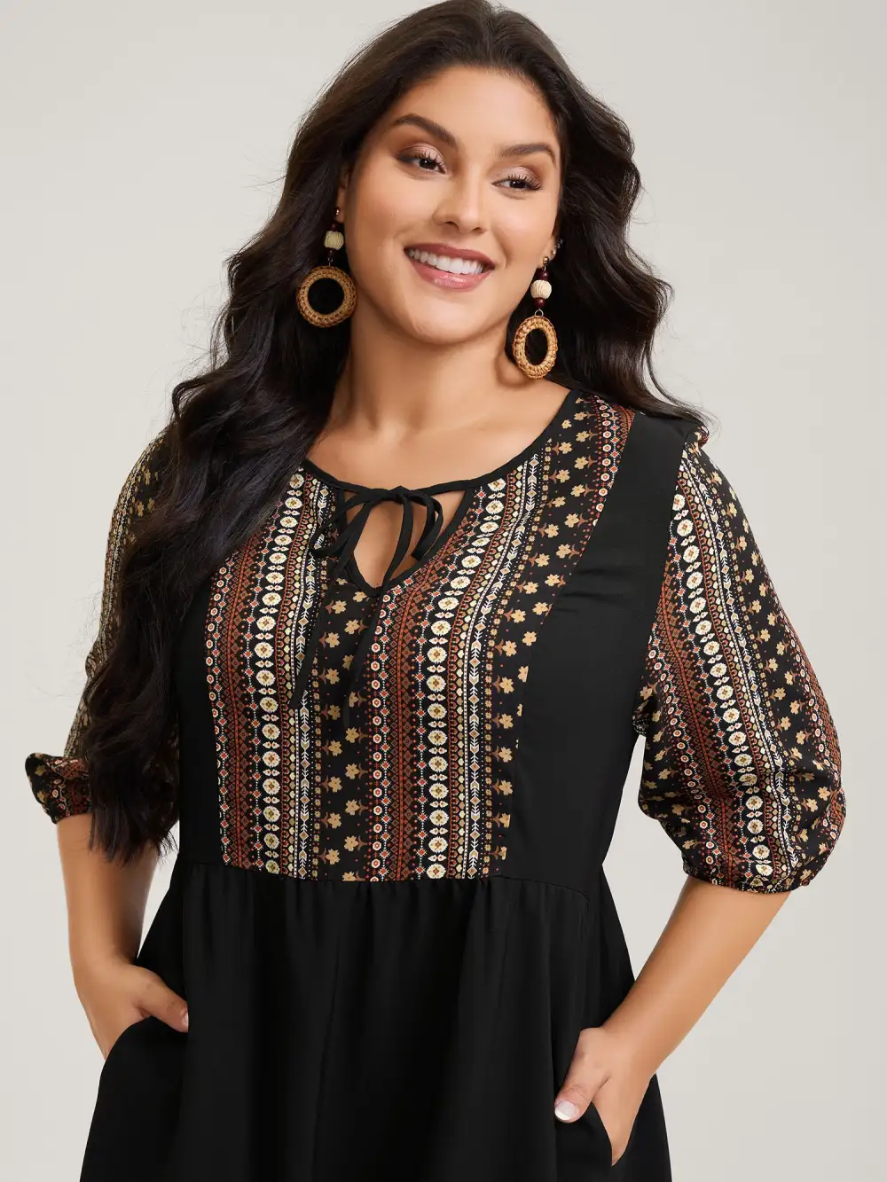 Boho Stripes Neck Tie Midi Dress