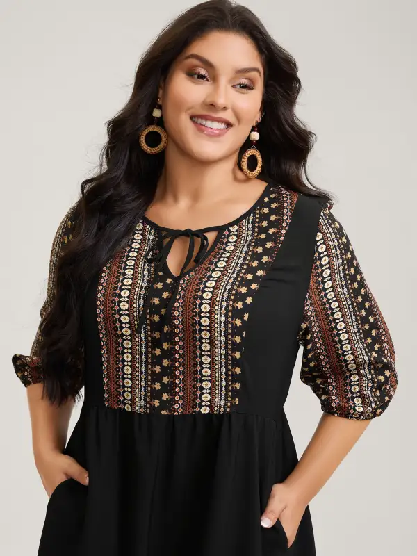 Boho Stripes Neck Tie Midi Dress